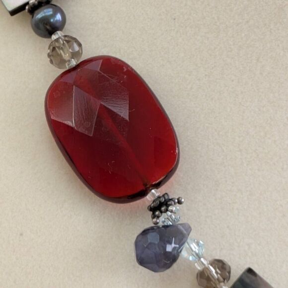 Mexico Sterling Silver & Iolite Beaded Necklace w/ MOP Inlaid Pendant & Pearls - Picture 3 of 9